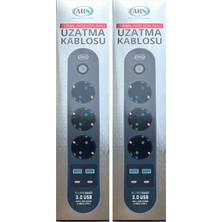 (2 Adet) Ars 3 Lü Priz 2 Metre Isıya Dayanıklı Termal Akım Korumalı 2 Typec + 2 USB