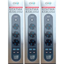 (3 Adet) Ars 3 Lü Priz 2 Metre Isıya Dayanıklı Termal Akım Korumalı 2 Typec + 2 USB