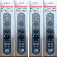 (4 Adet) Ars 3 Lü Priz 2 Metre Isıya Dayanıklı Termal Akım Korumalı 2 Typec + 2 USB