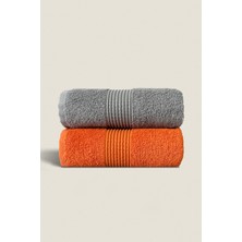 Ellaline 2'li Havlu Seti %100 Pamuk Sertifikalı, Çizgili Bordürlü El Yüz Mutfak Havlusu 50X90CM Turuncu - Gri