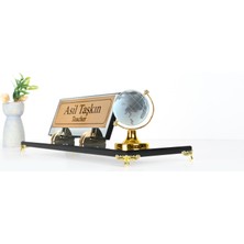 Lüks Füme Cam Masaüstü Isimlik - Kristal Dünya Küresi Detaylı - Yönetici ve Iş Hediyesi