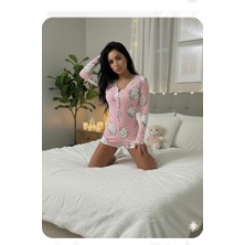 Trend Dokunuş Kadın Hello Kitty Desenli Şortlu Gecelik Pamuklu Düğmeli Uzun Kollu Pijama Tulum