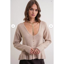 Mixray Fırfır Detaylı V Yaka Triko Kazak Bej *regular Kalıp*