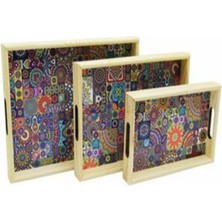 TRK-176 ( 3 Boy ) Ahşap Tepsi ( Desenli Zemin ) ( 16X26 & 21X31 & 24X34CM )