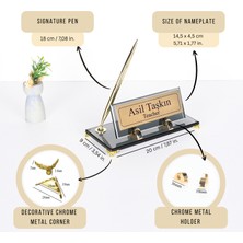 Füme Bronz Cam Masaüstü Isimlik - Gold Kalemli Set - Öğretmen ve Yönetici Ofis Hediyesi