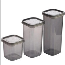 Kuzgun Ticaret 3 Adet 3 Boy Siyah Saydam Plastik Kavanoz Saklama Kabı Kapaklı Kare Model