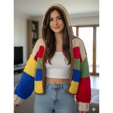 A&D Handmade El Örgüsü Puffy Kapüşonlu Crop Kadın Hırka