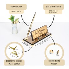 Lüks Bronz Cam Masaüstü Isimlik - Gold Kalemli Set - Öğretmen ve Yönetici Ofis Hediyesi