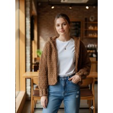 A&D Handmade El Örgüsü Puffy Kapüşonlu Crop Kadın Hırka