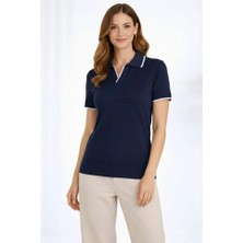 Fresco Scarfs Triko Kumaş Yakalı Düğmesiz Açık Yaka Fitilli Kısa Kollu Regular Fit Tişört T-Shirt - Lacivert