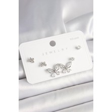 925 Ayar Gümüş Çivi Pirinç Gümüş Renk Zirkon Taşlı  Model Kadın Küpe Seti