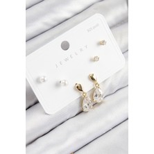 Pirinç Zirkon Taşlı Sallantılı Damla Model Gold Renk 925 Ayar Gümüş Çivi Kadın Küpe Set