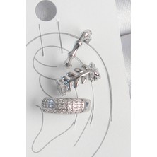 Pirinç Gümüş Renk Zirkon Taşlı 3'lü Model Yaprak Figür Kadın Kıkırdak Küpe