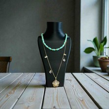 Shine Elagance Çelik Altın Rengi Zincir Ucunda Çelik Parlak Taş Çiçek Mor Taşlı Kalp ve Çelik Melek Detaylı Kombini Yeşil Küp Taş  Çelik Kalp ve Kız Çocuk Kapamaları Çelik Kadın Şık Kolye Sevgililer Günü Hediyesi