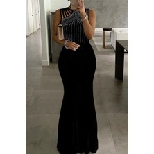Etiler Collection Kadın Omuz Çoklu Askılı Önü Taş Işlemeli Balık Kesim Janjan Krep Maxi Boy Elbise