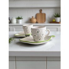 Artistic Quality Dekoratif Yeşil Papatya Işlemeli, Kabartma Yaprak Detaylı Çay-Kahve Fincanı 2 Adet