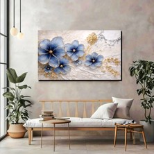 Mavi Çiçekler Gold Detaylı Modern Kanvas Tablo