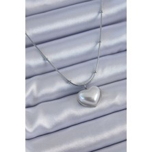 316L Çelik Gümüş Renk Incili Kalp Model Minimal Top Detay Kadın Ke