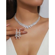 Ümaks Silvers Zirkon Taşlı Yaprak Model Kolye Küpe Seti Zarif Düğün Takı Seti Kına Takı Seti Nişan Takı Seti