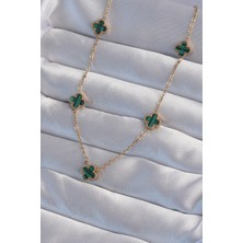 316L Çelik Gold Renk Minimal Yeşil Mineli Yonca Ke