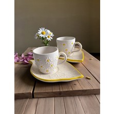 Artistic Quality Dekoratif Sarı Papatya Işlemeli, Kabartma Yaprak Detaylı Çay-Kahve Fincanı 2 Adet