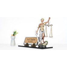 Lüks Füme Cam Masaüstü Isimlik, El Boyaması Themis Adalet Heykeli, Hakim Savcı Avukat Hediyesi