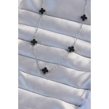 316L Çelik Gümüş Renk Minimal Siyah Mineli Yonca Ke