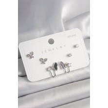 925 Ayar Gümüş Çivi Pirinç Gümüş Renk Zirkon Taşlı  Model Kadın Küpe Seti