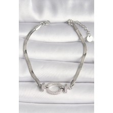 316L Çelik Gümüş Renk Italyan Zincir Model Zirkon Taşlı Halka Figür Kadın Bileklik