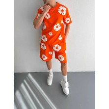 Giyim Center Iki Iplik Kumaş Baskılı T-Shirt Şortlu Takım- Turuncu