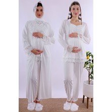 Effortt Ekru Tesettürlü Uzun Sabahlıklı Hamile Lohusa Pijama Takımı