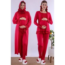 Effortt Vişne Tesettürlü Uzun Sabahlıklı Hamile Lohusa Pijama Takımı