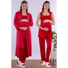 Effortt Vişne Uzun Sabahlıklı Hamile Lohusa Pijama Takımı