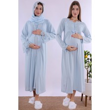 Mecit Mavi Tesettürlü Sabahlıklı Hamile Lohusa Gecelik Takım