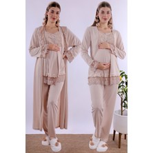 Effortt Bej Uzun Sabahlıklı Hamile Lohusa Pijama Takımı