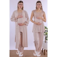 Effortt Bej Uzun Sabahlıklı Hamile Lohusa Pijama Takımı