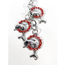 Moncuk Design Kırmızı Taşlı Halkalar Içinde Yunus Balıklarından Metal Anahtarlık