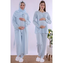 Mecit Mavi Tesettürlü Sabahlıklı Hamile Lohusa Pijama Takımı