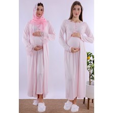 Mecit Pembe Tesettürlü Sabahlıklı Hamile Lohusa Gecelik Takım