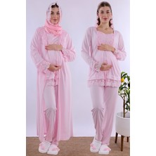 Effortt Pembe Tesettürlü Uzun Sabahlıklı Hamile Lohusa Pijama Takımı
