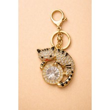 The Secret Desire Taşlı Kedi Figürlü Anahtarlık Büyük Taş Detaylı Gold Çanta Süsü