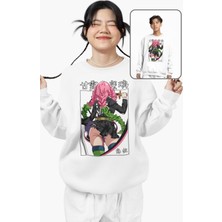 Fuddy Moda Oversize Mitsuri Kanroji  Baskılı Kapüşonsuz Sweatshirt, Unisex Demon Slayer Anime Temalı Sweat