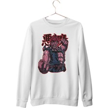 Fuddy Moda Oversize Akuma Kanji Baskılı Kapüşonsuz Sweatshirt, Unisex Street Fighter Bisiklet Yaka Sweat