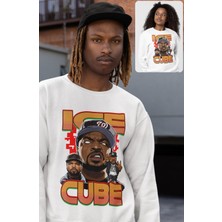 Fuddy Moda Unisex Oversize Rapper Ice Cube Baskılı Kapüşonsuz Bisiklet Yaka Sweatshirt