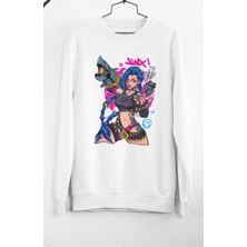 Fuddy Moda Oversize L O L Karakter Jinx Baskılı Kapüşonsuz Sweatshirt, Unisex Oyun Temalı Bisiklet Yaka Sweat