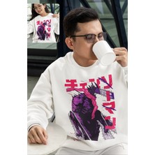 Fuddy Moda Oversize Chainsaw Man Baskılı Kapüşonsuz Sweatshirt, Unisex Csm Anime Temalı Bisiklet Yaka Sweat