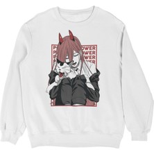 Fuddy Moda Oversize Power Yazılı Kapüşonsuz Sweatshirt, Unisex Chainsaw Man Anime Temalı Bisiklet Yaka Sweat