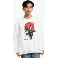 Fuddy Moda Oversize Samurai Roronoa Zoro Baskılı Kapüşonsuz Sweatshirt, Unisex One Piece Anime Temalı Sweat