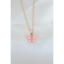 S'82 Gold Kaplama Pembe Sedefli Kelebek Kolye