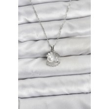 S'82 316L Çelik Zincir Gümüş Renk Istiridye Inci Model Zirkon Taşlı Kadın Kolye